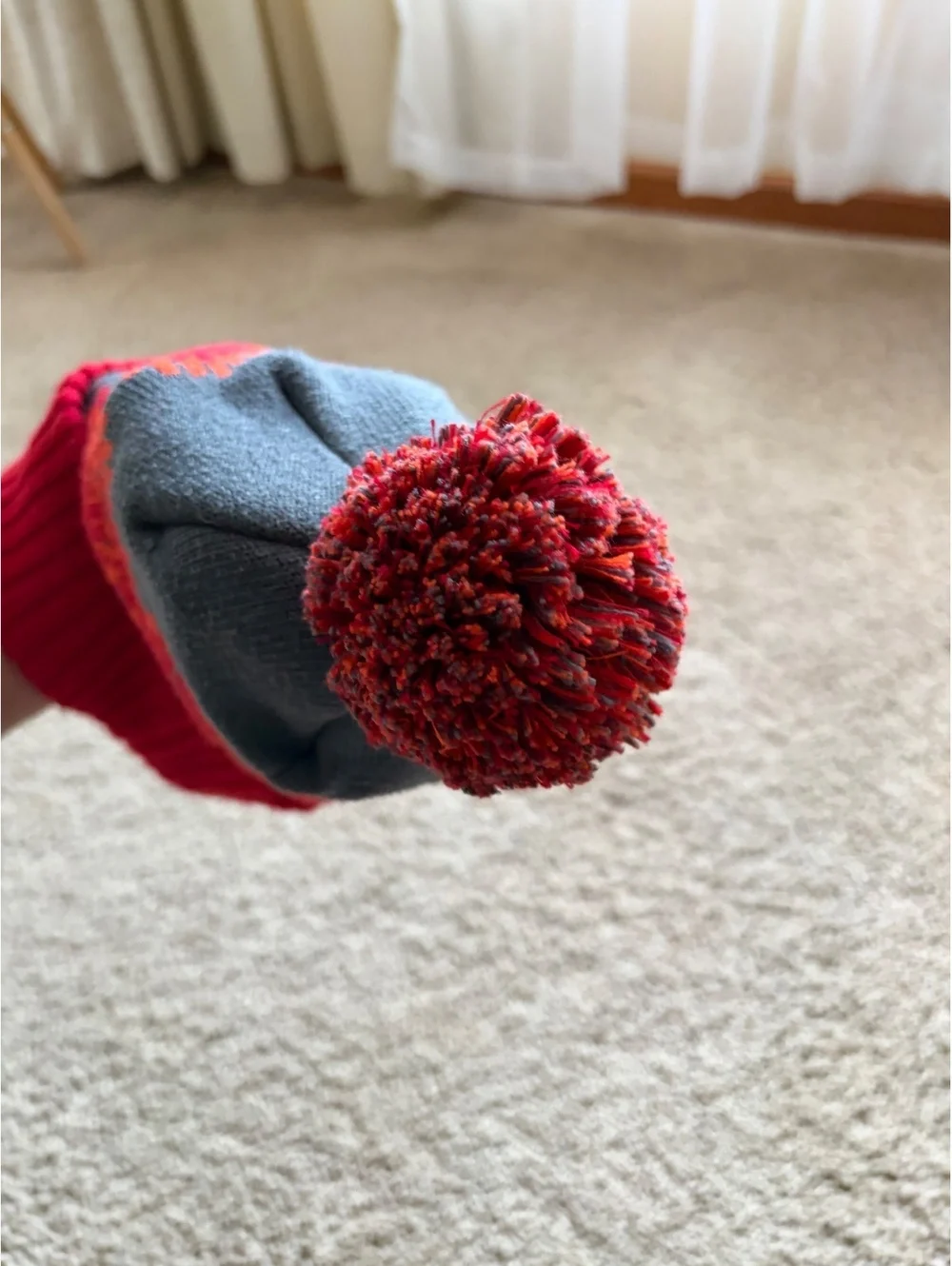 Patagonia Powder Town Beanie red grey orange ribbed cuff pom pom